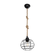 GloboStar® TALAH 203-0008 Vintage Κρεμαστό Φωτιστικό Σχοινί Μονόφωτο 1 x E27 IP20 Μαύρο Μέταλλο με Μπεζ Σχοινί - Μ20 x Π20 x Υ20cm