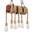 GloboStar® VIKING 00606 Vintage Κρεμαστό Φωτιστικό Ανάρτηση Πολύφωτο 6 x E27 IP20 Μαύρο Μέταλλο, Καφε Ξύλο με Μπεζ Σχοινί - Μ53 x Π11 x Υ96cm έως Y220cm max