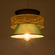 GloboStar® SAIGE 01915 Boho Κρεμαστό Φωτιστικό Πλέγμα Μονόφωτο 1 x E27 IP20 Μπεζ Ξύλο με Μαύρο & Πράσινο Ύφασμα - Μ30 x Π30 x Υ22cm