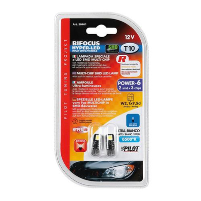 T10 12V W2,1x9,5d 28lm HYPER-LED6 ΛΕΥΚΟ ΔΙΑΘΛΑΣΗΣ 2SMDx3chips (ΚΑΡΦΩΤΟ-ΔΙΠΛΟΕΣΤΙΑΚΟ- CAN-BUS) 2 ΤΕΜ.