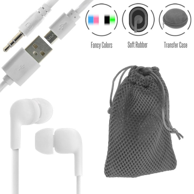 Stereo Hi-Fi Earphones White+ Θήκη Πουγκί+ Usb to Micro
