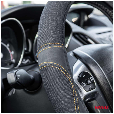 ΚΑΛΥΜΜΑ ΤΙΜΟΝΙΟΥ ΜΑΥΡΟ ΤΖΙΝ/DENIM (M) 37-39cm SWC-52-M ΜΕ ΜΑΥΡΕΣ & ΚΙΤΡΙΝΕΣ ΡΑΦΕΣ AMIO - 1 Τεμ.