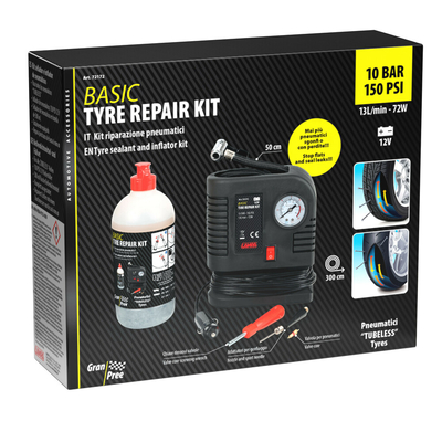 ΚΟΜΠΡΕΣΕΡ ΑΕΡΑ BASIC TYRE REPAIR KIT ΜΕ ΥΓΡΟ ΕΠΙΣΚΕΥΗΣ ΕΛΑΣΤΙΚΩΝ 500ml ΜΕ ΜΑΝΟΜΕΤΡΟ 12V 300cmΚΑΛΩΔΙΟ LAMPA - 1 Tεμ.