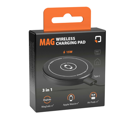 Μαγνητικός, Ασύρματος Φορτιστής Mag Wireless Charging Pad 3 in 1 της σειράς Optiline για Qi Ασύρματη φόρτιση συσκευών με θύρα USB Type C 15W, Καλώδιο 100 cm και MagSafe τεχνολογία