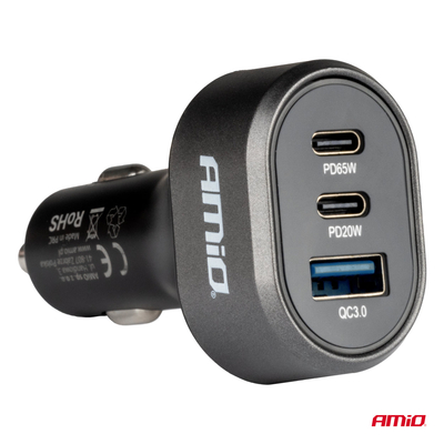 ΦΟΡΤΙΣΤΗΣ ΑΝΑΠΤΗΡΑ ΜΕ 3 ΘΥΡΕΣ 2xUSB-C 65W/20W+USB-A QUICK CHARGE 3.0 ΜΑΥΡΟ AMIO - 1 Τεμ.