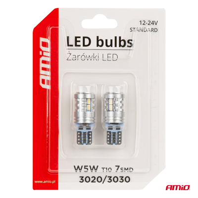 ΛΑΜΠΑΚΙΑ LED T10 W5W 12/24V LED 6x3020+1x3030SMD STANDARD ΛΕΥΚΑ ΑΜΙΟ - 2 ΤΕΜ.
