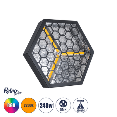 GloboStar® 51201 HALO HEXA Επαγγελματικό Φωτιστικό Ειδικών Εφέ DIGITAL MATRIX PIXEL & Blinder - 3 x 80W LED COB Chips Ultra Gold Warm White 2200K & 30 x 0.5W LED SMD5050 Chips RGB - AC 220V-240V DMX512 Display on Body - Μαύρο - Μ38 x Π38 x Υ22cm - 2 Χρόνια Εγγύση