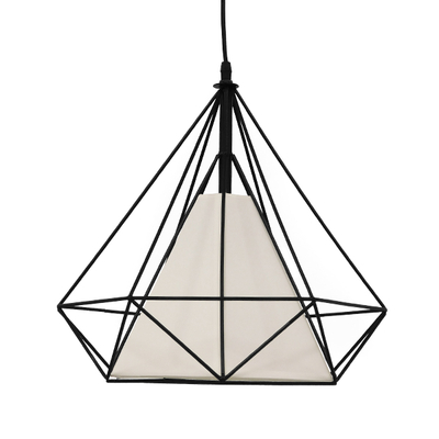 GloboStar® KAIRI 01618 Μοντέρνο Κρεμαστό Φωτιστικό Πλέγμα Μονόφωτο 1 x E27 IP20 Μαύρο Μέταλλο με Λευκό Ύφασμα - Μ38 x Π38 x Υ39cm