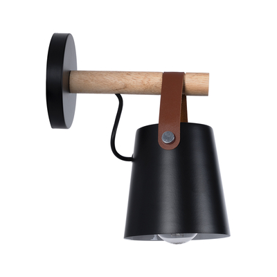 GloboStar® AMY 00947 Μοντέρνο Επιτοίχιο Φωτιστικό Απλίκα Μονόφωτο 1 x E27 IP20 Μαύρο Μέταλλο, Μπεζ Ξύλο με Καφέ Δέρμα - Μ13 x Π22 x Υ25.5cm