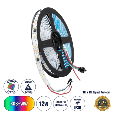 GLOBOSTAR® DIGIPRO 90773 Ψηφιακή Pixel Addressable Ταινία LED 12W/m 1200lm/m 120° DC 12V IP20 60 x SMD 5050 Chip/m 20 x Pixel/m Πολύχρωμο RGBWW Dimmable SPI/TTL Protocol IC TM1814/UCS1912/UCS2912 - Μ500 x Π1 x Υ0.2cm - Ρολό 5 Μέτρων - 5 Χρόνια Εγγύηση