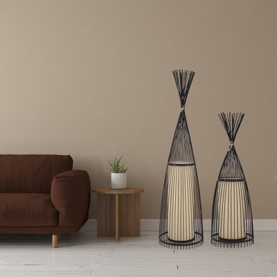 GloboStar® AZORES 01756 Boho Επιδαπέδιο Φωτιστικό Μονόφωτο 1 x E27 IP20 Καφέ & Μπεζ Ξύλο - Μ40 x Π40 x Υ150cm