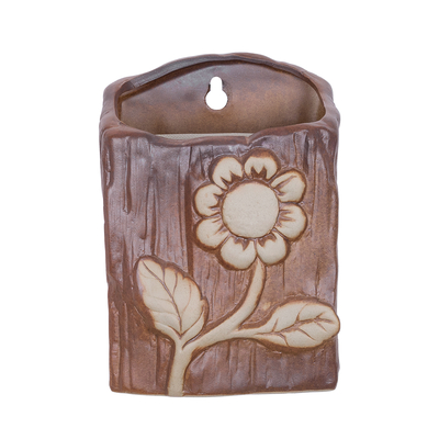 GloboStar® Artificial Garden BILBAO 20535 Διακοσμητική Κεραμική Επιτοίχια Γλάστρα Καφέ με Μπεζ Λεπτομέρειες Μ13 x Π10  x Υ17cm