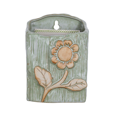 GloboStar® Artificial Garden BILBAO 20536 Διακοσμητική Κεραμική Επιτοίχια Γλάστρα Πράσινη με Μπεζ Λεπτομέρειες Μ13 x Π10  x Υ17cm