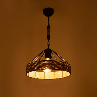 GloboStar® ZION 203-0003 Vintage Κρεμαστό Φωτιστικό Σχοινί Μονόφωτο 1 x E27 IP20 Μαύρο Μέταλλο με Μπεζ Σχοινί - Μ33 x Π33 x Υ29cm