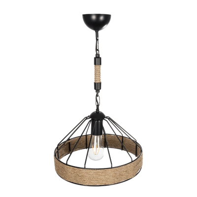 GloboStar® ZION 203-0003 Vintage Κρεμαστό Φωτιστικό Σχοινί Μονόφωτο 1 x E27 IP20 Μαύρο Μέταλλο με Μπεζ Σχοινί - Μ33 x Π33 x Υ29cm