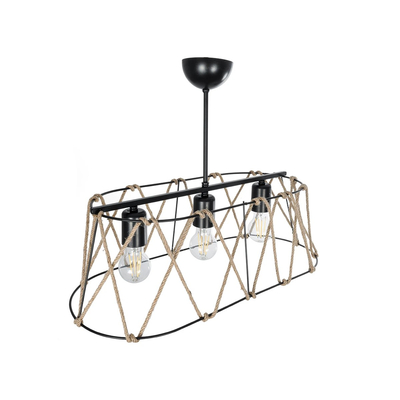 GloboStar® GATSBY 203-0006 Vintage Κρεμαστό Φωτιστικό Σχοινί Τρίφωτο 3 x E27 IP20 Μαύρο Μέταλλο με Μπεζ Σχοινί - Μ60 x Π28 x Υ22cm
