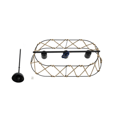 GloboStar® GATSBY 203-0006 Vintage Κρεμαστό Φωτιστικό Σχοινί Τρίφωτο 3 x E27 IP20 Μαύρο Μέταλλο με Μπεζ Σχοινί - Μ60 x Π28 x Υ22cm