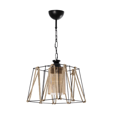 GloboStar® GATSBY 203-0007 Vintage Κρεμαστό Φωτιστικό Σχοινί Μονόφωτο 1 x E27 IP20 Μαύρο Μέταλλο με Μπεζ Σχοινί - Μ25 x Π25 x Υ25cm