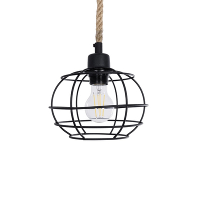 GloboStar® TALAH 203-0008 Vintage Κρεμαστό Φωτιστικό Σχοινί Μονόφωτο 1 x E27 IP20 Μαύρο Μέταλλο με Μπεζ Σχοινί - Μ20 x Π20 x Υ20cm