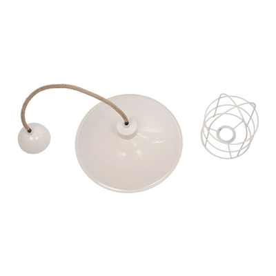 GloboStar® TULUB 203-0010 Vintage Κρεμαστό Φωτιστικό Καμπάνα Μονόφωτο 1 x E27 IP20 Λευκό Μέταλλο με Μπεζ Σχοινί - Μ33 x Π33 x Υ30cm