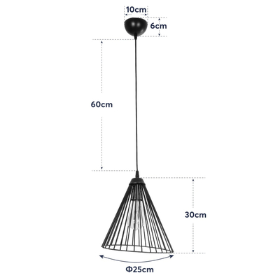 GloboStar® ARCWIRE 203-0015 Μοντέρνο Κρεμαστό Φωτιστικό Πλέγμα Μονόφωτο 1 x E27 IP20 Μαύρο Μέταλλο - Μ25 x Π25 x Υ30cm