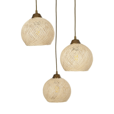 GloboStar® YASAM 203-0024 Vintage Κρεμαστό Φωτιστικό Πλέγμα Τρίφωτο 3 x E27 IP20 Μπεζ Ρατάν - Μ42 x Π42 x Υ54cm