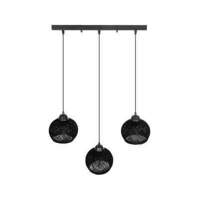 GloboStar® YASAM 203-0026 Vintage Κρεμαστό Φωτιστικό Ράγα Τρίφωτο 3 x E27 IP20 Μαύρο Ρατάν - Μ45 x Π18 x Υ30cm