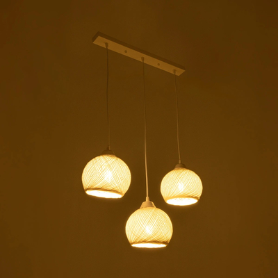 GloboStar® YASAM 203-0027 Vintage Κρεμαστό Φωτιστικό Ράγα Τρίφωτο 3 x E27 IP20 Λευκό Ρατάν - Μ45 x Π18 x Υ30cm