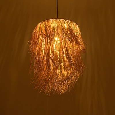 GloboStar® WEG 203-0036 Boho Κρεμαστό Φωτιστικό Καπέλο Μονόφωτο 1 x E27 IP20 Μπέζ Raffia - M45 x Π45 x Υ53cm