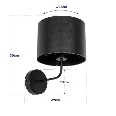 GloboStar® RALPH 203-0038 Vintage Επιτοίχιο Φωτιστικό Απλίκα Μονόφωτο 1 x E27 IP20 Μαύρο Μέταλλο με Μαύρο Ύφασμα - Μ22 x Π29 x Υ30cm