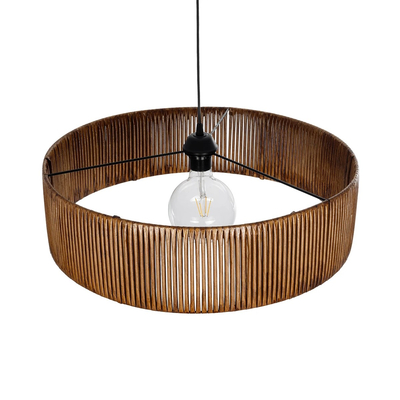 GloboStar® KYCLOS 203-0045 Boho Κρεμαστό Φωτιστικό Καπέλο Μονόφωτο 1 x E27 IP20 Καφέ Rattan - M55 x Π55 x Υ20cm