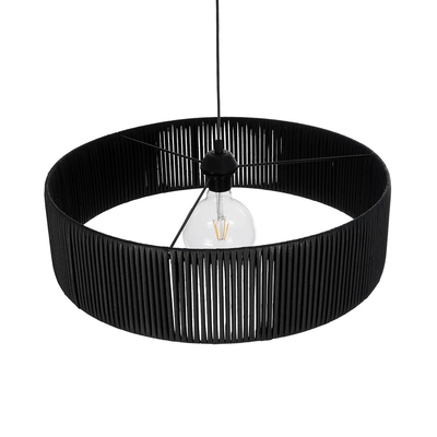 GloboStar® KYCLOS 203-0046 Boho Κρεμαστό Φωτιστικό Καπέλο Μονόφωτο 1 x E27 IP20 Μαύρο Rattan - M55 x Π55 x Υ20cm