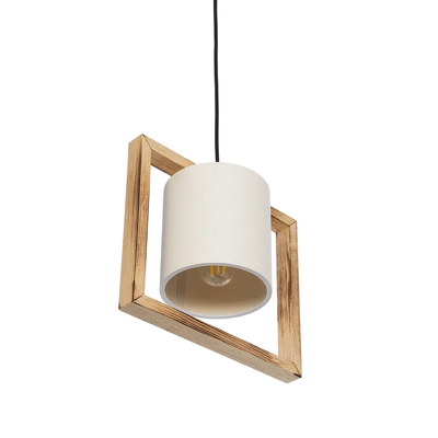 GloboStar® CUP 203-0050 Vintage Κρεμαστό Φωτιστικό Ανάρτηση Μονόφωτο 1 x E27 IP20 Μπεζ Ξύλο με Λευκό Ύφασμα - Μ28 x Π14 x Υ24cm