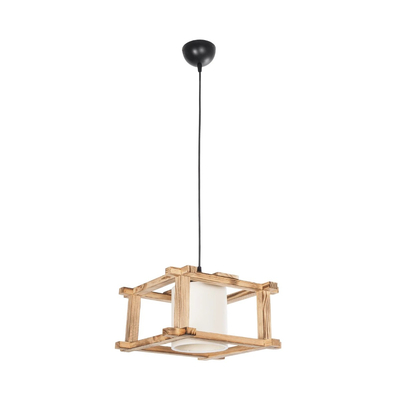 GloboStar® CUP 203-0053 Vintage Κρεμαστό Φωτιστικό Πλέγμα Μονόφωνο 1 x E27 IP20 Μπεζ Ξύλο με Λευκό Ύφασμα - Μ32 x Π32 x Υ20cm