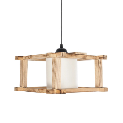 GloboStar® CUP 203-0053 Vintage Κρεμαστό Φωτιστικό Πλέγμα Μονόφωνο 1 x E27 IP20 Μπεζ Ξύλο με Λευκό Ύφασμα - Μ32 x Π32 x Υ20cm