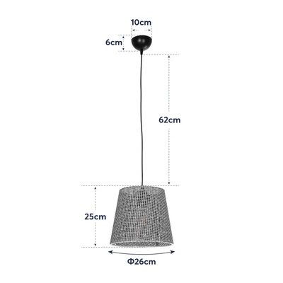 GloboStar® CONEY 203-0070 Μοντέρνο Κρεμαστό Φωτιστικό Καπέλο Μονόφωτο 1 x E27 IP20 Γκρι Διάτρητο Ύφασμα - Μ26 x Π26 x Υ25cm