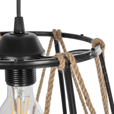 GloboStar® JUTE 203-0090 Μοντέρνο Κρεμαστό Φωτιστικό Σχοινί Μονόφωτο 1 x E27 IP20 Μαύρο Πλαστικό με Μπεζ Σχοινί - Μ30 x Π30 x Υ23cm