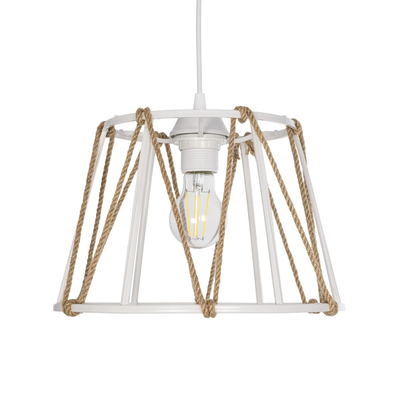 GloboStar® JUTE 203-0091 Μοντέρνο Κρεμαστό Φωτιστικό Σχοινί Μονόφωτο 1 x E27 IP20 Λευκό Πλαστικό με Μπεζ Σχοινί - Μ30 x Π30 x Υ23cm
