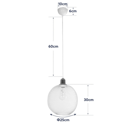 GloboStar® WIRE 203-0005 Μοντέρνο Κρεμαστό Φωτιστικό Πλέγμα Μονόφωτο 1 x E27 IP20 Λευκό Μέταλλο - Μ25 x Π25 x Υ30cm