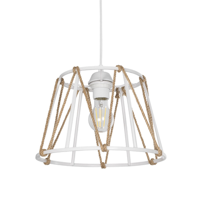 GloboStar® JUTE 203-0091 Μοντέρνο Κρεμαστό Φωτιστικό Σχοινί Μονόφωτο 1 x E27 IP20 Λευκό Πλαστικό με Μπεζ Σχοινί - Μ30 x Π30 x Υ23cm