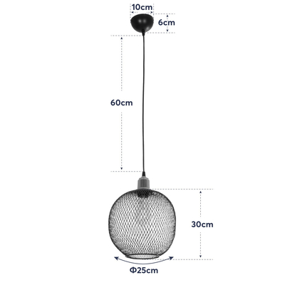 GloboStar® WIRE 203-0004 Μοντέρνο Κρεμαστό Φωτιστικό Πλέγμα Μονόφωτο 1 x E27 IP20 Μαύρο Μέταλλο - Μ25 x Π25 x Υ30cm