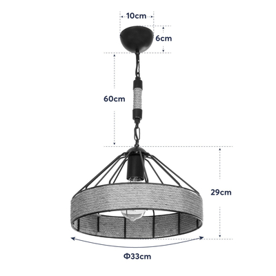 GloboStar® ZION 203-0003 Vintage Κρεμαστό Φωτιστικό Σχοινί Μονόφωτο 1 x E27 IP20 Μαύρο Μέταλλο με Μπεζ Σχοινί - Μ33 x Π33 x Υ29cm