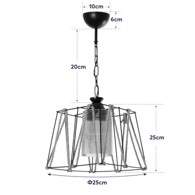 GloboStar® GATSBY 203-0007 Vintage Κρεμαστό Φωτιστικό Σχοινί Μονόφωτο 1 x E27 IP20 Μαύρο Μέταλλο με Μπεζ Σχοινί - Μ25 x Π25 x Υ25cm