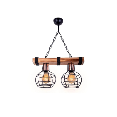 GloboStar® STARLO 201-0005 Vintage Κρεμαστό Φωτιστικό Ράγα Δίφωτο 2 x E27 IP20 Μπεζ Ξύλο με Μαύρο Μέταλλο - Μ40 x Π15x Υ65cm