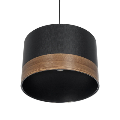 GloboStar® ZYKLUS 203-0101 Μοντέρνο Κρεμαστό Φωτιστικό Καπέλο Μονόφωτο 1 x E27 IP20 Μαύρο Ύφασμα με Καρυδί Ξύλο - Μ36 x Π36 x Υ25cm