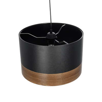 GloboStar® ZYKLUS 203-0101 Μοντέρνο Κρεμαστό Φωτιστικό Καπέλο Μονόφωτο 1 x E27 IP20 Μαύρο Ύφασμα με Καρυδί Ξύλο - Μ36 x Π36 x Υ25cm
