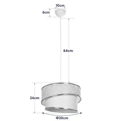 GloboStar® SONIA 203-0118 Μοντέρνο Κρεμαστό Φωτιστικό Καπέλο Μονόφωτο 1 x E27 IP20 Μαύρο & Λευκό Ύφασμα με Ασημί Λεπτομέρεια - Μ30 x Π30 x Υ90 cm