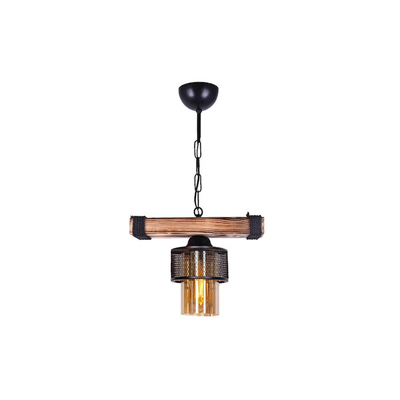 GloboStar® GLORA 201-0007 Vintage Κρεμαστό Φωτιστικό Ράγα Vintage Μονόφωτο 1 x E27 IP20 Μπεζ Ξύλο με Μαύρο Μέταλλο & Μελί Γυαλί - Μ30 x Π15 x Υ60cm