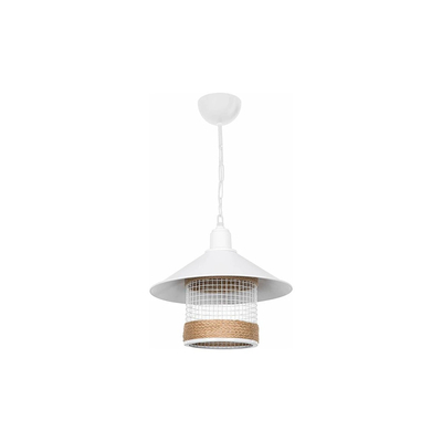 GloboStar® GLORA 201-0089 Vintage Κρεμαστό Φωτιστικό Καμπάνα Μονόφωτο 1 x E27 IP20 Λευκο Μέταλλο με Μπεζ Σχοινί - Μ30 x Π30 x Υ54cm
