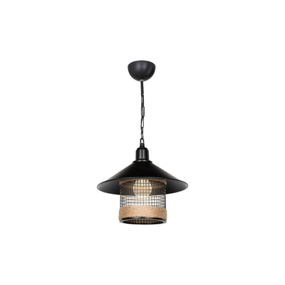 GloboStar® GLORA 201-0090 Vintage Κρεμαστό Φωτιστικό Καμπάνα Μονόφωτο 1 x E27 IP20 Μαύρο Μέταλλο με Μπεζ Σχοινί - Μ30 x Π30 x Υ54cm